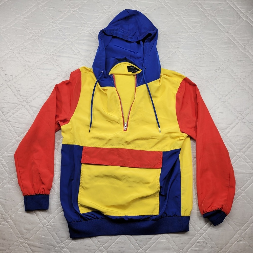 Forever 21 men's red yellow blue block 1/4‎ zip windbreaker size M w/ hood